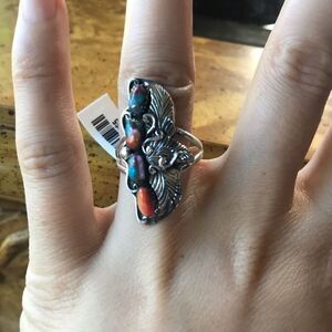 Spiny Turquoise Sterling Silver Leaf Ring Size 9